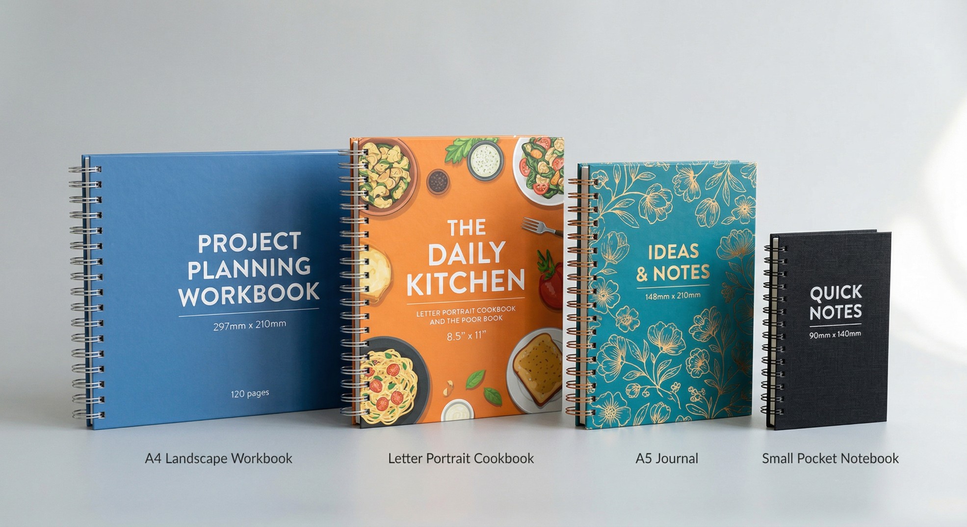 Four spiral bound book trim sizes side by side - A4 landscape workbook, letter portrait cookbook, A5 journal, and small pocket notebook