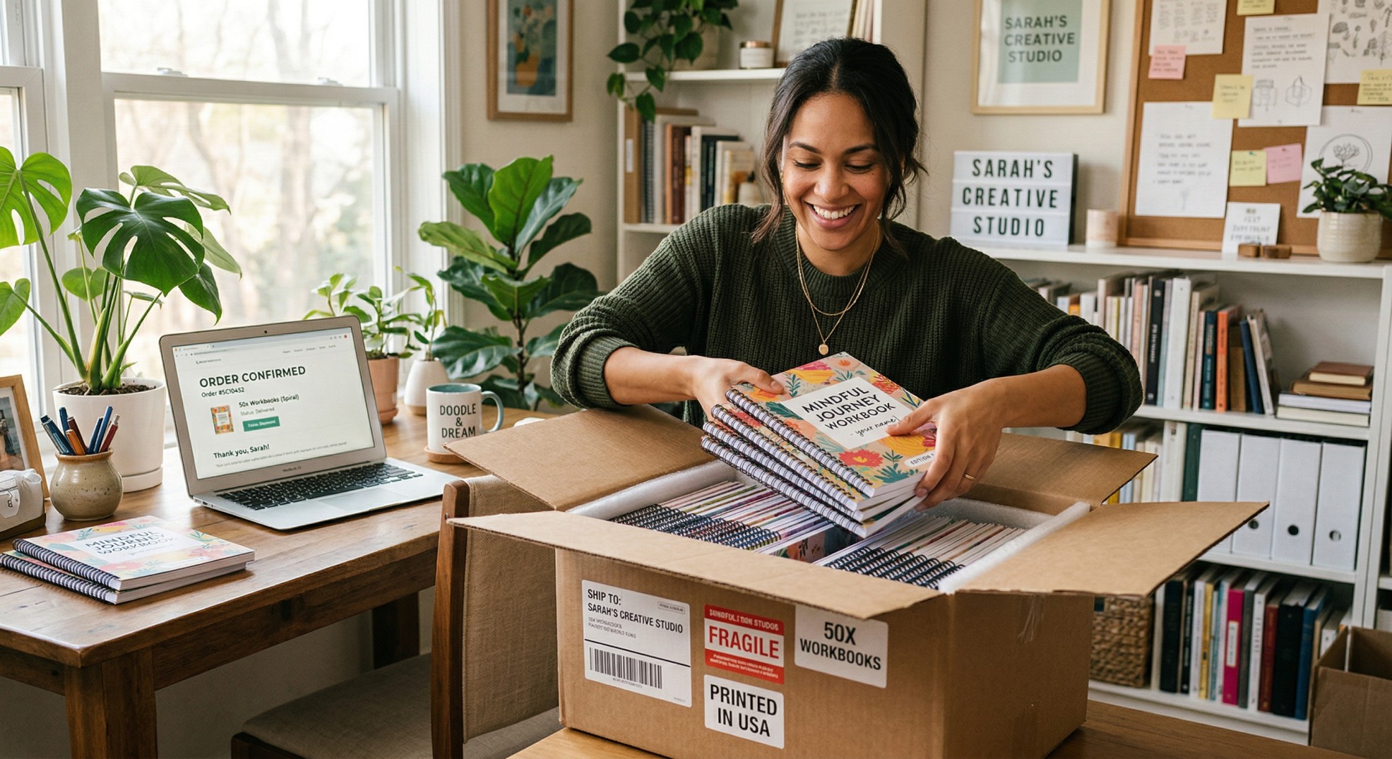 Small business owner unpacking a shipping box full of freshly printed spiral bound workbooks in a bright home office