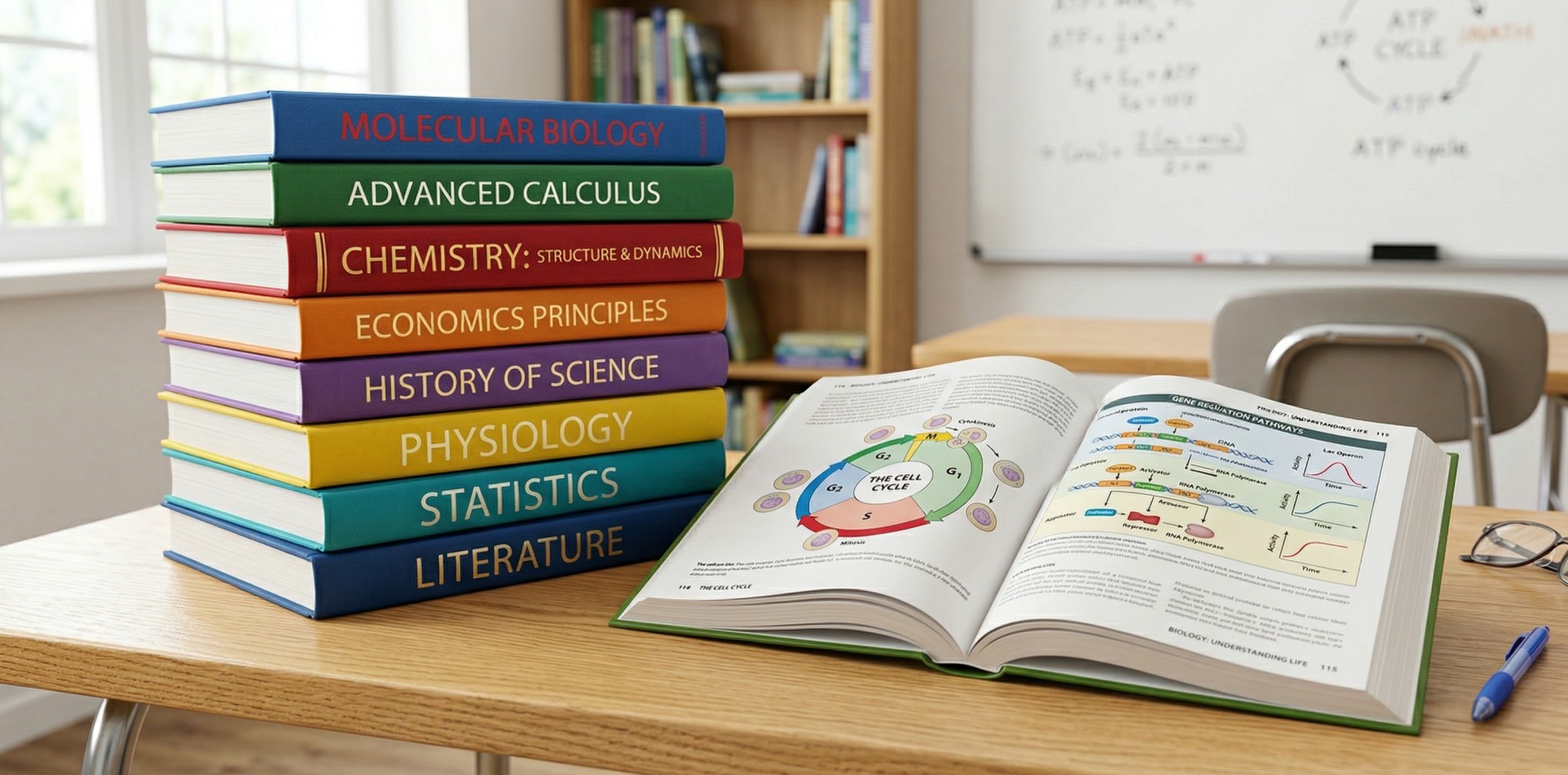 Stack of colorful academic textbooks on a desk with one open showing diagrams