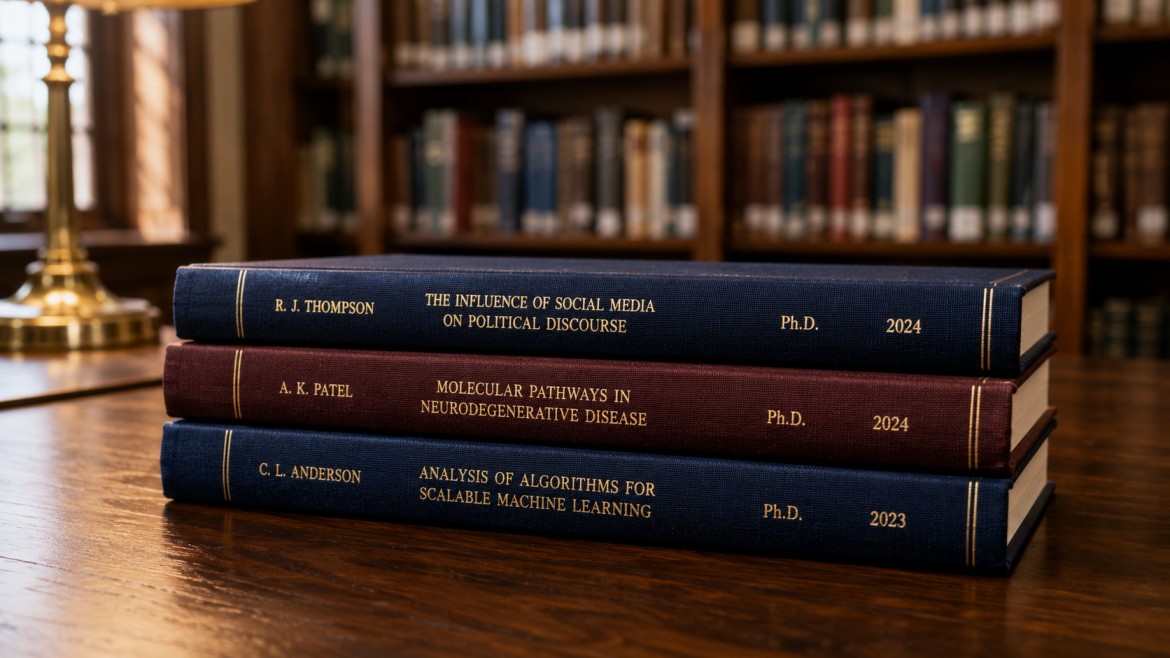 Stack of three hardcover bound dissertations with navy and burgundy cloth covers and gold-stamped spine lettering on a dark walnut library desk