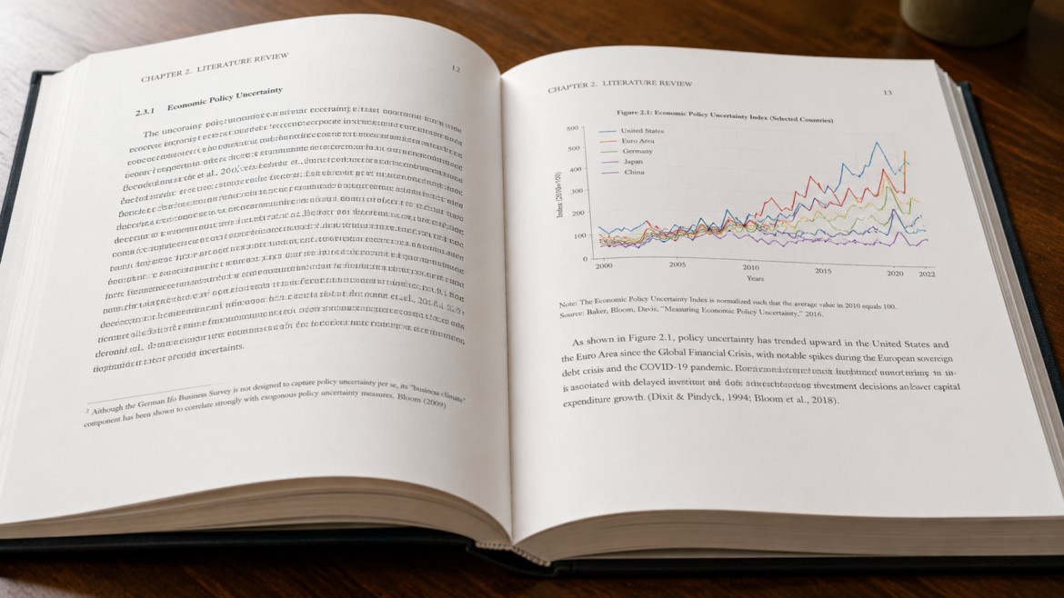 Open hardcover thesis lying flat on a wooden table showing crisp black text on cream archival paper with a color chart figure on the right page