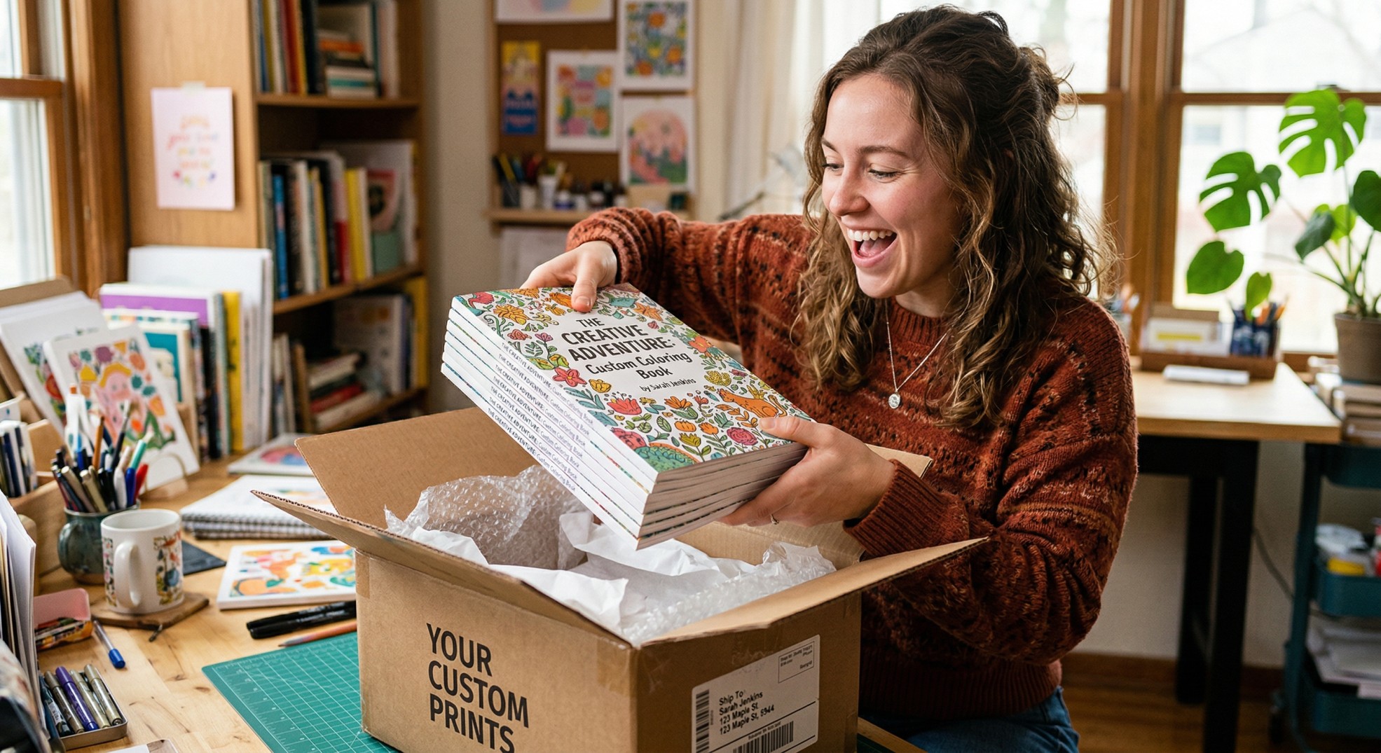 A person excitedly opening a shipping box and pulling out a stack of freshly printed custom coloring books