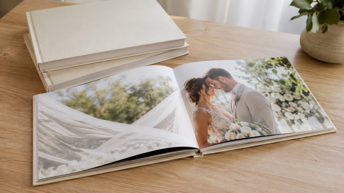 Open landscape hardcover wedding album showing a full color bridal portrait spread on glossy paper, with two closed matching albums beside it