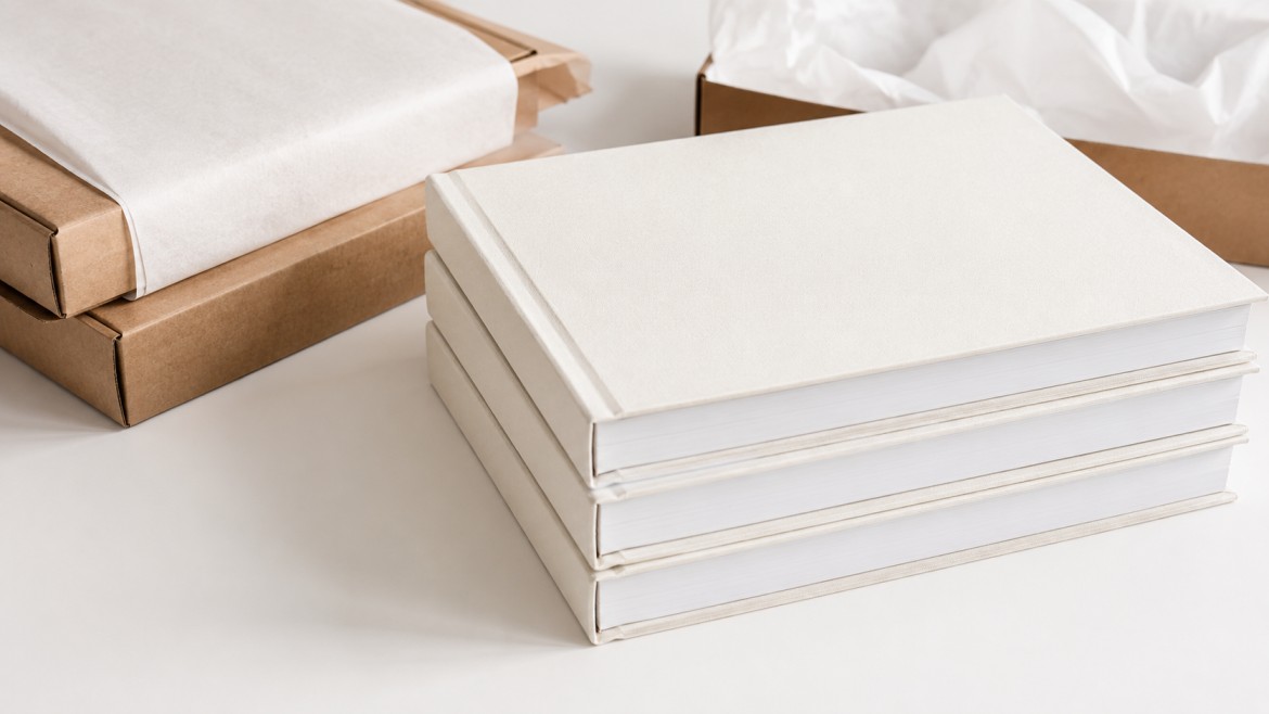 Batch of three identical hardcover wedding albums, one for the couple and one for each set of parents, stacked on a white table