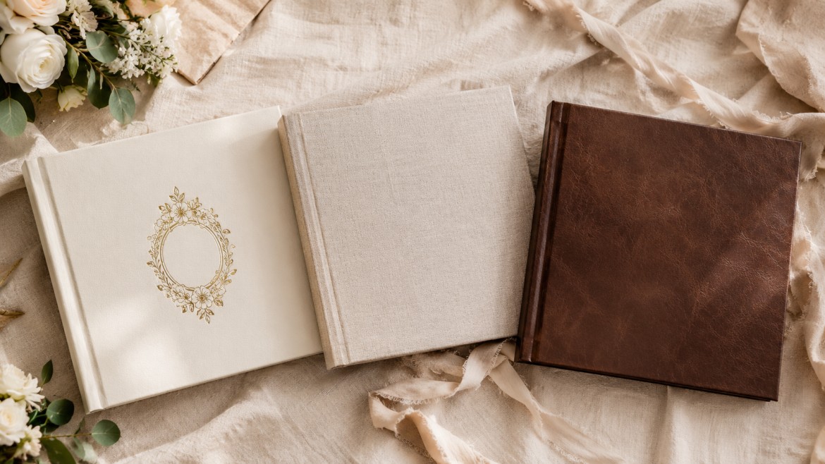 Flatlay of premium wedding album covers: gold foil stamped hardcover, natural linen cover, and dark faux leather cover