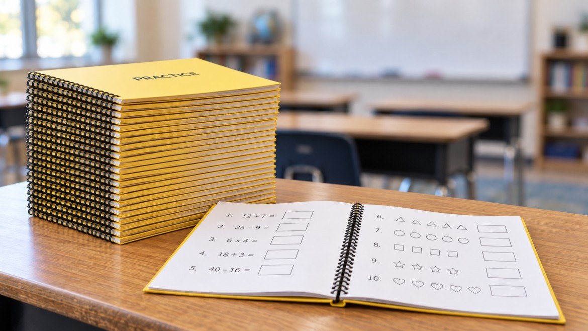Class set of identical spiral bound student workbooks stacked on a classroom desk with one copy open to a practice page