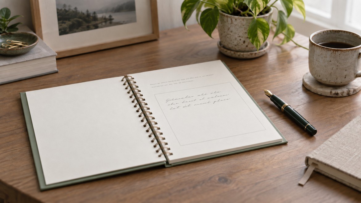 Matte covered coaching workbook open to a reflection prompt page with handwritten notes, a pen and a plant on a calm home office desk
