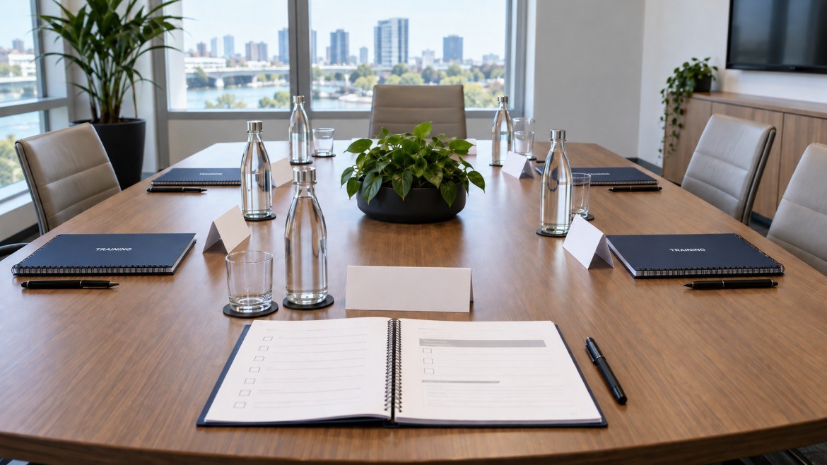 Conference room table set with identical spiral bound training workbooks and pens at each seat, one open to an exercise page