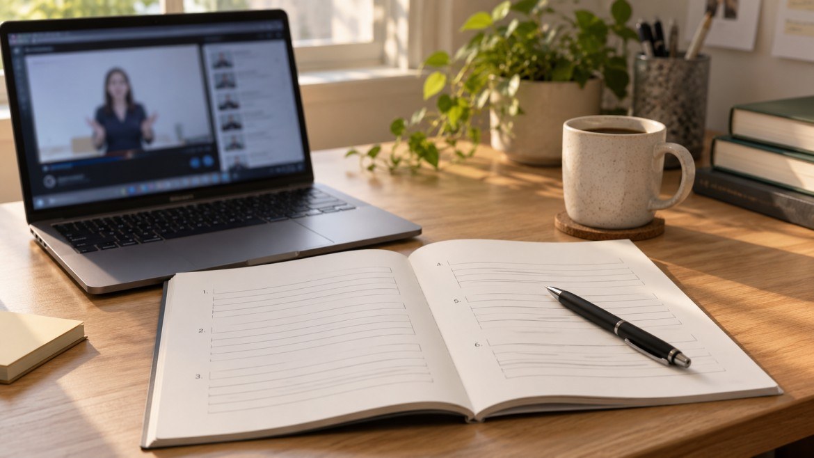 Course companion workbook in 7 by 10 perfect bound format open beside a laptop showing a video lesson, with a pen and coffee on a home desk