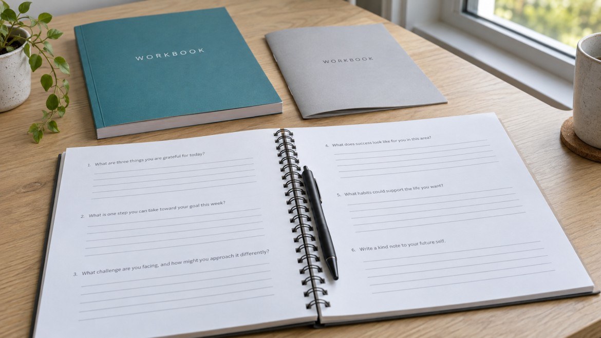 Three custom printed workbooks on a desk: an open spiral bound workbook with fill-in lines and a pen, a perfect bound workbook and a thin saddle stitched participant guide