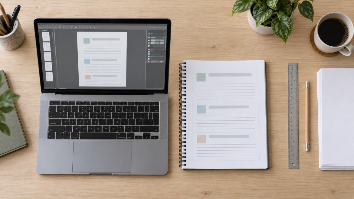 Flat lay of a laptop showing a workbook page layout with ruled answer spaces, a printed proof copy of the same page, a ruler and a pencil