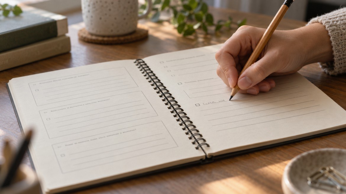 Close up of a hand writing in pencil on cream uncoated paper in a spiral bound workbook that lies flat, with printed exercise boxes and ruled answer lines